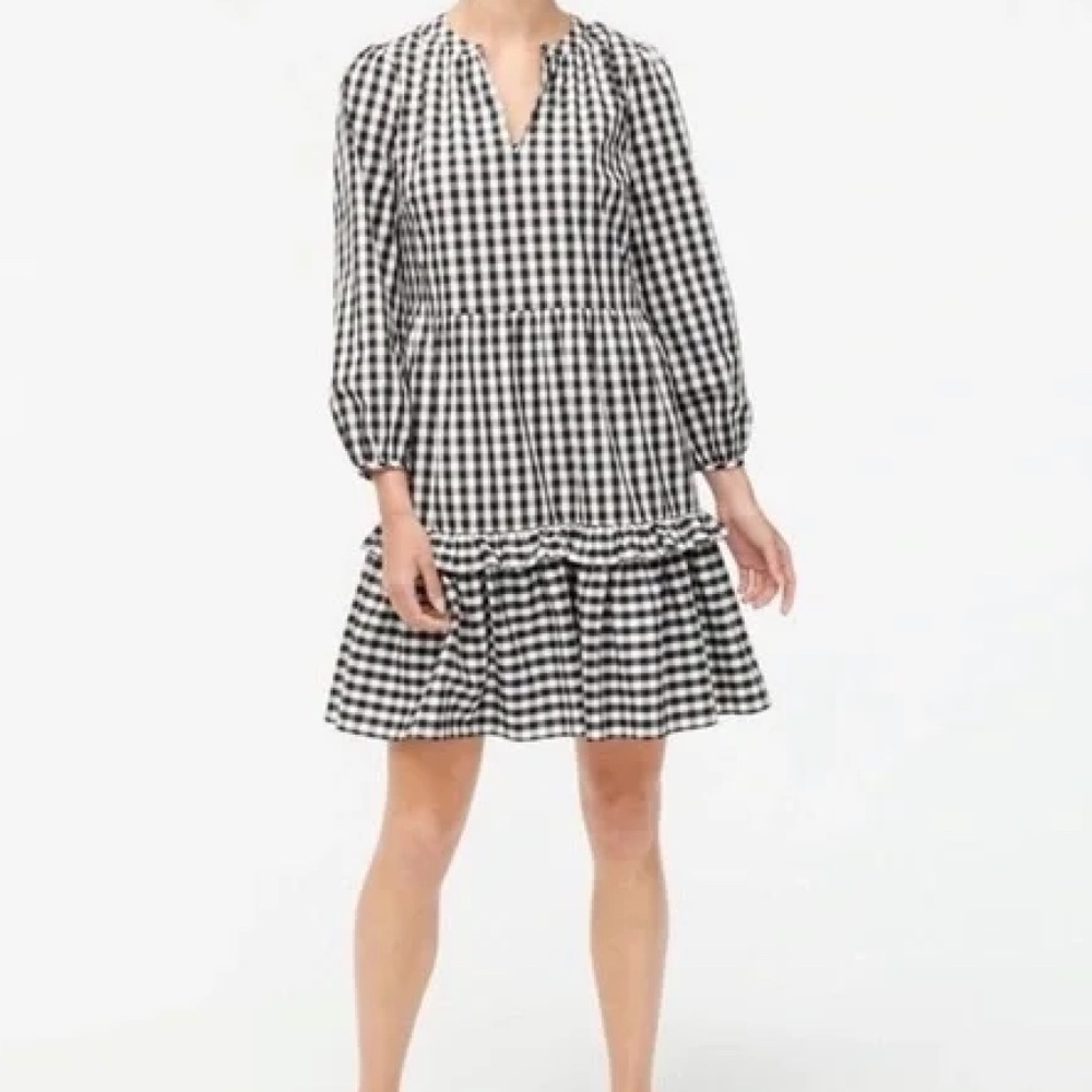 JCREW New $98 Womens Black Check XXS BA813 Poplin Tiered Ruffle Mini Dress TT15